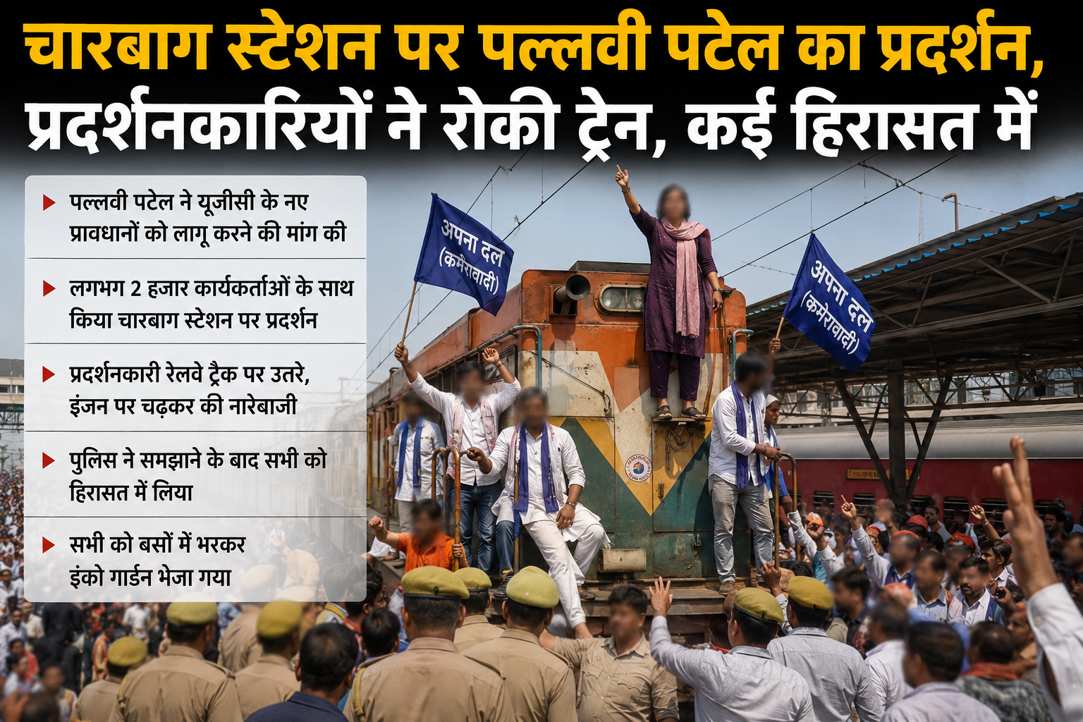 Pallavi Patel protests at Charbagh station, climbs on the train engine and raises slogans; activists detained