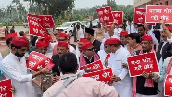 Akhilesh Yadav protests in Parliament complex; demands statement from Amit Shah.